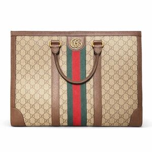 Gucci Beige GG Supreme Canvas Tote with Green-Red Web and Brown Trim